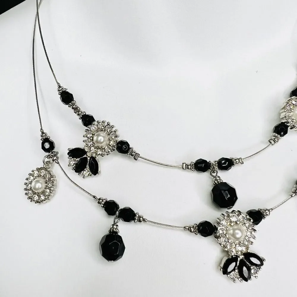 Ruby Rd. Two Strand Wire Layered Rhinestone Necklace Silver Black Tone 4448